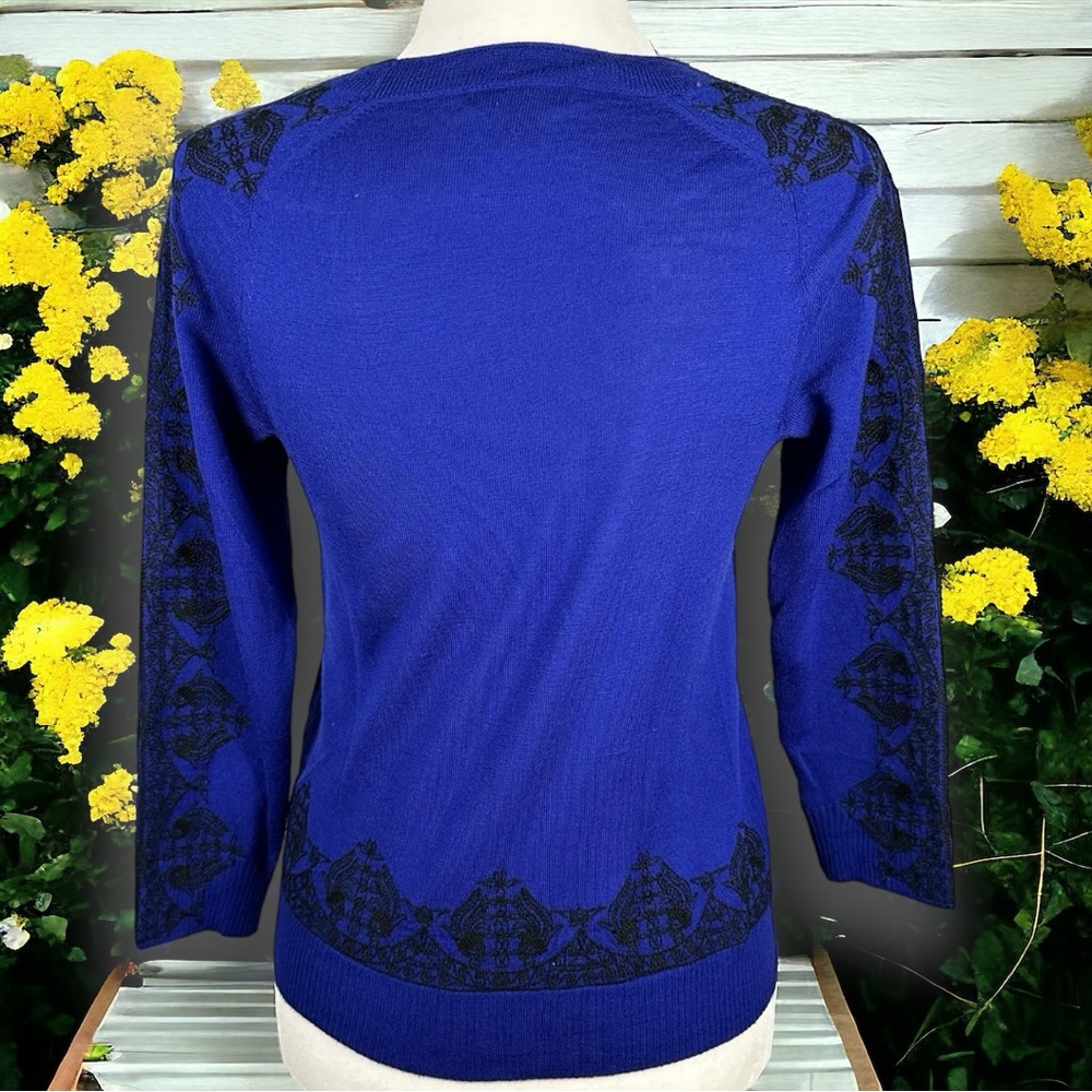 J. Crew 100% Merino Wool Royal Blue Long Sleeve Black Embroidered Sweater XXS - Picture 5 of 8